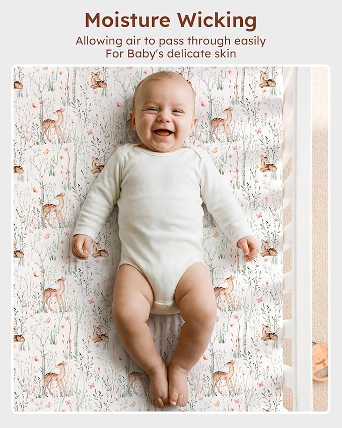 Pack and Play Sheets Fitted, 3 Pack Soft Stretchy Baby Mini Crib Sheets for Pack N Play Mattress and Portable Playard Sheets for Boys and Girls Brown Bear Deer