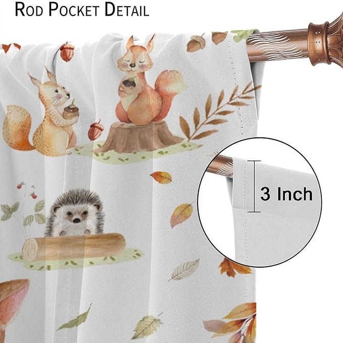 Fall Animails Curtains for Kids, Rustic Cute Woodland Wild Animal Window Treatments Watercolor Autumn Leaves Cartoon Fox Deer Window Drapes for Nursery Toddler Bedroom 72x63in