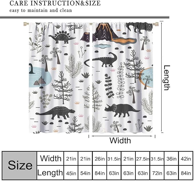 Funny Dinosaur Curtains Cute Dino Cartoon Animals Abstract Aesthetics Art Print for Kids Girls Boys Bedroom Living Room Rod Pocket Decoration Window Drapes 2 Panels W27.5xL63in