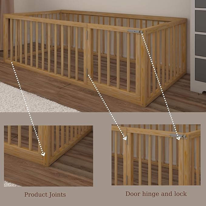 Montessori Floor Bed with Door On The Right Side for Toddler | Pine Wood Natural Solid Frame Beds | Sturdy Modern Design Floor Bed Frame for Boy and Girls (King, Height: 23.6 Inches)