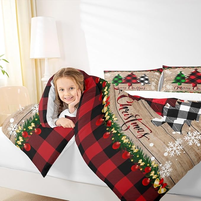 Manfei Plaid Tree Comforter Set Queen Size, Wooden Stripe Print Bedding Set 3pcs for Kids Boys Girls Bedroom Decor, Christmas Theme New Year Quilt Set with 2 Pillowcases