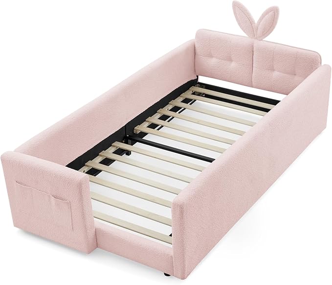 Twin Size Upholstered Platform Bed with Safety Guardrail and Cute Rabbit Ear Shaped Headboard, Boucle Fabric Montessori Kids Bed with Pocket and Sturdy Slats Support (Pink-7.24)