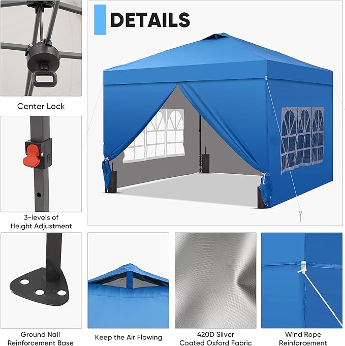 GDY 12x12 Pop Up Canopy Tent with 4 Sidewalls, Easy Set up with One Push Lift Outdoor Silver Coated Beach Gazebos, Carpas for Pool, Events, Parties, and Camping, Blue.