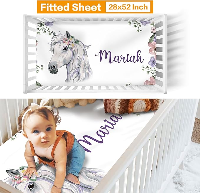 Custom Crib Bedding Set - Horse Design Personalized Name Baby Nursery Bedding 3 Pcs Set - Chic Soft Blanket, Sheet, Pillowcase for Newborns Boys Girls Gifts Color09