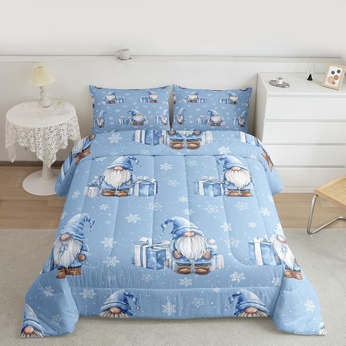 Feelyou Blue Christmas Comforter Set King Size Scandinavian Christmas Santa Gnomes Bedding Set for Kids Boys Girls Xmas Snowflake Duvet Quilt Bedroom Decor 3 Pcs with 2 Pillow Cases