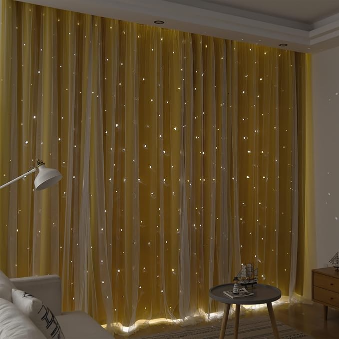 Kinryb Kids Blackout Curtains for Bedroom/Living Room/Classroom, Sheer Overlay 72 Inches 2 Panel Set, Double Layer Curtains with Star Cutout for Kids Room(W 52 x L 72 Inches,Yellow 2 Pcs)