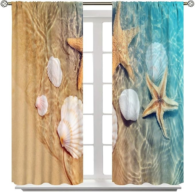 Beach Curtain for Bathroom Decor，Sea Turtle Starfish Seashell Nautical Ocean Coastal Scenery Art Printed Fabric Polyester Waterproof Set 2 Panels,42x54 Inches