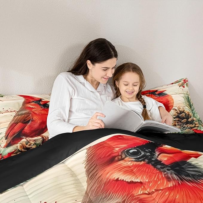 jejeloiu Kids Red Cardinal Comforter Set Full Size Christmas Theme Bedding Set for Boys Girls Teens Xmas Birds Winter Rustic Wood Plank Animal Duvet Quilt Room Decor