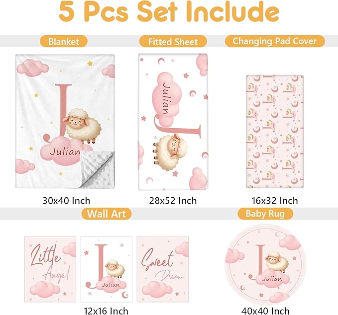 5 Piece Customized Crib Bedding Set for Baby Girls - Custom Name Baby Crib Pink Sheep Nursery Bedding Set with Soft Blanket, Fitted Sheet, Rug, Personalized Gifts for Toddler, Newborn, Infant