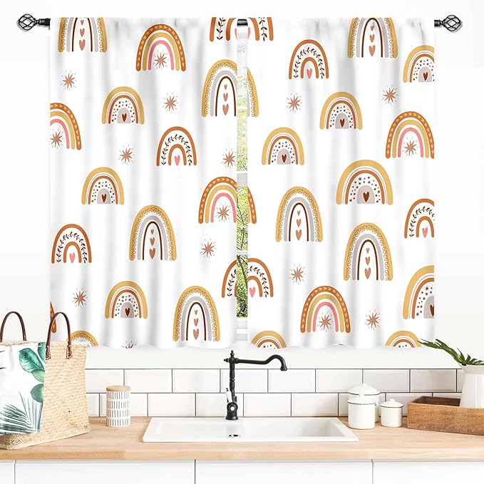 Boho Rainbow Curtains, Kids Girls Baby Cute LovelyRetro Vintage Rainbow Pastel Aesthetic Bohemian Window Curtains for Classroom Bedroom Living Room Nursery Playroom Drapery 2 Panels Set, 55x39 Inch