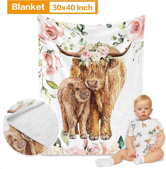 Baby Crib Bedding Set - Highland Cow Design Nursery Bedding 3 Pcs Set - Chic Soft Blanket, Sheet, Pillowcase for Newborns Boys Girls Gifts Color25