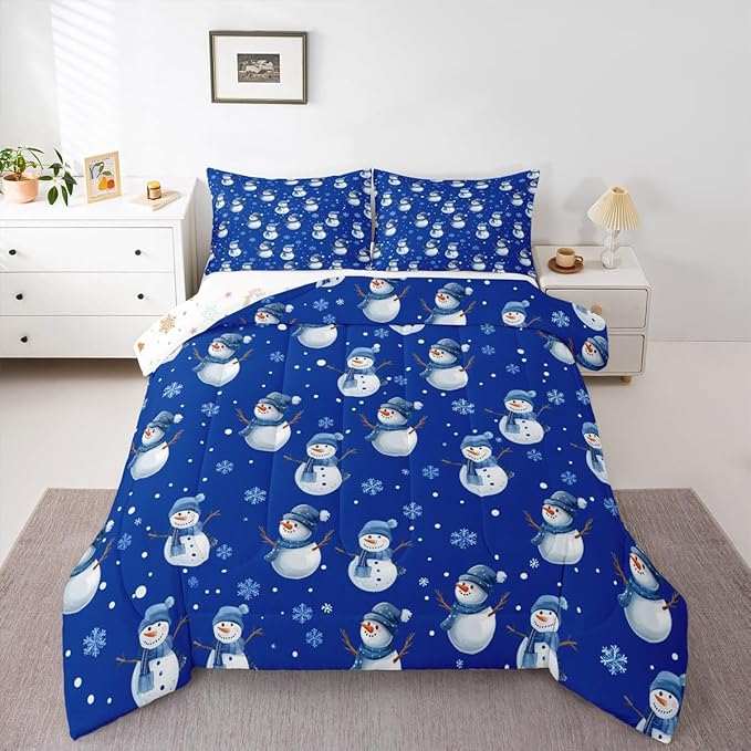 jejeloiu Kids Cute Winter Snowman Comforter Set King Size Blue Christmas Theme Bedding Set for Boys Girls Teens Xmas Snowflake Happy New Year Duvet Quilt Room Decor