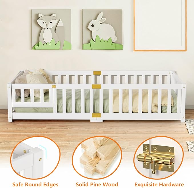 NAIZEA Twin Floor Bed for Kids-Twin Montessori Bed Frame with Wood Slats and Door and Slats, Wood Toddler Floor Beds for Girls and Boys, White