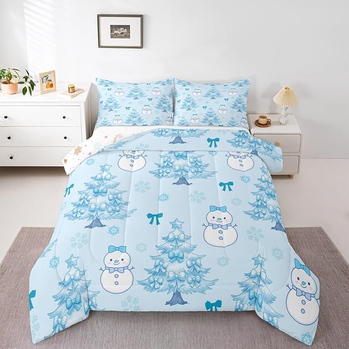 Feelyou Merry Christmas Comforter Set Toddler Size Cute Snowman Bedding Set for Kids Boys Girls Cartoon Bowknot Duvet Quilt Christmas Tree Microfiber 2 Pcs with 1 Pillow Cases