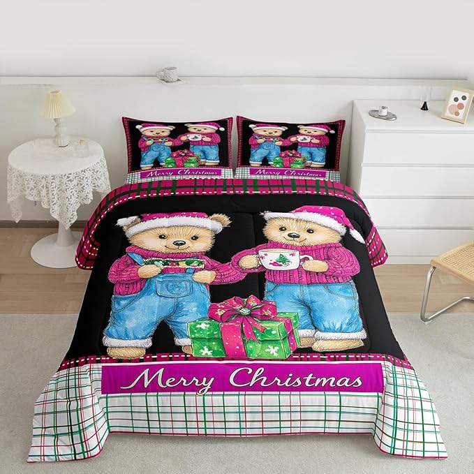 Feelyou Merry Christmas Kids Comforter Set Toddler Size Cute Bear Bedding Set Duvet Quilt for Kids Boys Girls Bedroom Winter Decor Microfiber Ultra Soft Breathable