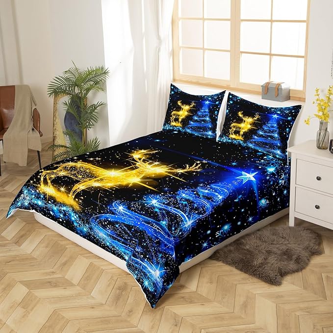 Christmas Duvet Cover Set King Size Gold Reindeer Bedding Set 3pcs for Kids Boys Girls Room Decor Blue Christmas Tree Comforter Cover Western New Year Theme Quilt Cover with 2 Pillowcases,No Comforter