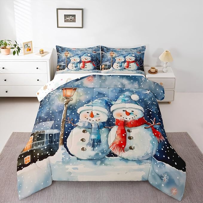 Feelyou Christmas Kids Comforter Set Queen Size Blue Watercolor Snowman Bedding Set Xmas Winter Duvet Quilt for Kids Boys Girls Bedroom Snowflake Decor Microfiber Ultra Soft Breathable