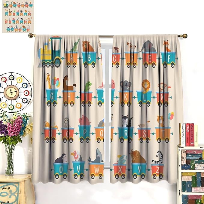 Kids Alphabet Curtains Funny Trains Letter Education School Cute Cartoon Animal Printed Curtain with Rod Pocket for Bedroom Living Room Drapes Window Treatments 2 Panels Set 55" W X 63" L