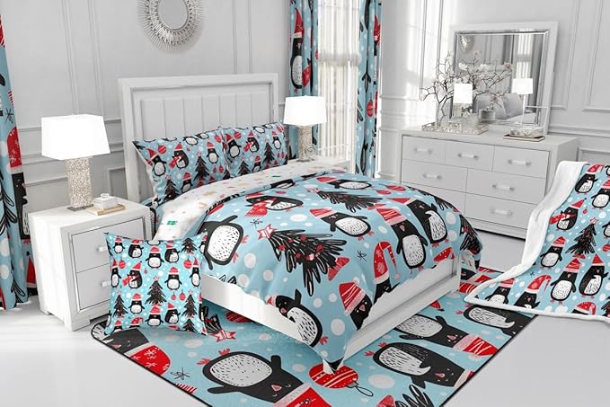 Feelyou Christmas Comforter Set All Season Penguin Bedding Set with 2 Pillow Cases Xmas Tree Microfiber Kids Queen Bedclothes Christmas Balls Bedroom Decor Duvet Quilt Breathable Soft Lightweight