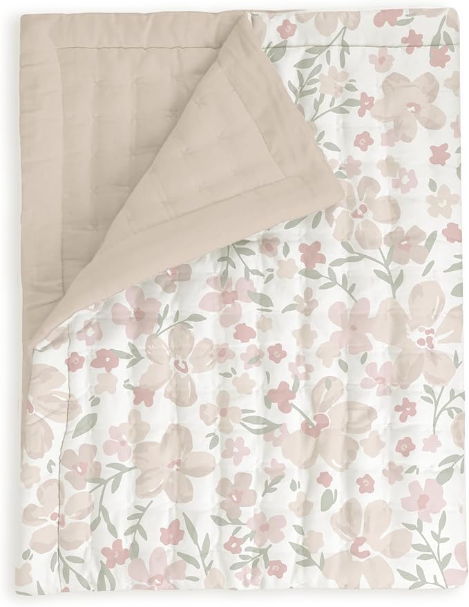 MakeMake Organics Organic Twin Comforter GOTS Certified Organic Kids Blanket Cotton Infill Tufted - Reversible Ultra Soft Breathable Boys Girls (68"x88", Blossom + Solid Taupe)