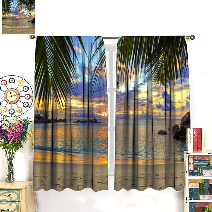 Ocean Beach Curtains,Sunset on Beach in The Evening Hawaiian Seaside Scene Pattern Blackout Print Home Bedroom Living Room Window Treatments 2 Panel Set 55x63 Inch