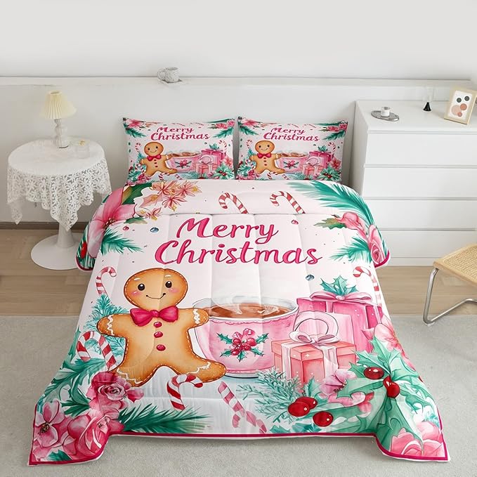 Feelyou Gingerbread Man Kids Comforter Set Twin Size Merry Christmas Bedding Set Christmas Decor Duvet Quilt for Kids Boys Girls Bedroom Xmas Decor Microfiber Ultra Soft Breathable
