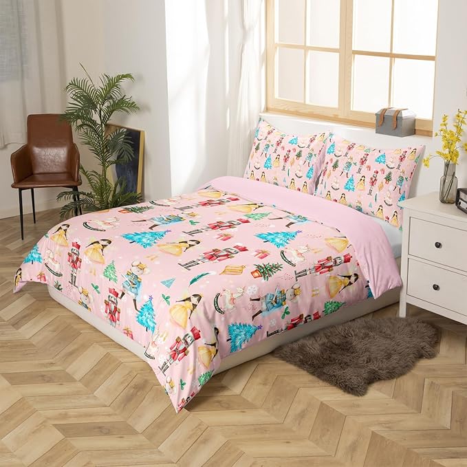 Christmas Nutcracker Decorative Comforter Cover Twin Size Cartoon Mouse Soldier Royal Guarder Princess Duvet Cover Xmas Pine Tree Snowflake Bedding Set Gifts for Kids Boys Girls 1 Pillow Case Pink