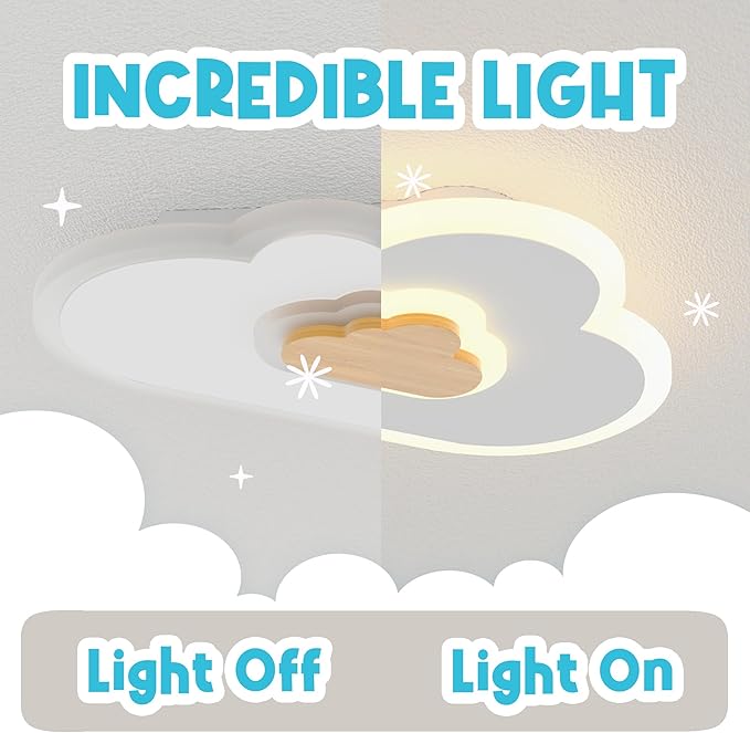 LED Ceiling Light Fixture 19.7in Dimmable Children Cloud Lights for Ceiling with Remote Control 26W Creative Wooden Bedroom Ceiling Lamp for Kids Room Bedroom Living Room, White, YMLED-3