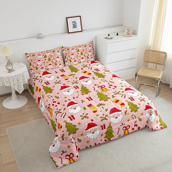 Feelyou Christmas Bedding Set for Kids Boys Girls Queen Size Cute Santa Claus Comforter Set Ultra Soft Comforter Xmas Tree Duvet Quilt Bedroom Decor Berries Pattern Printed Quilt