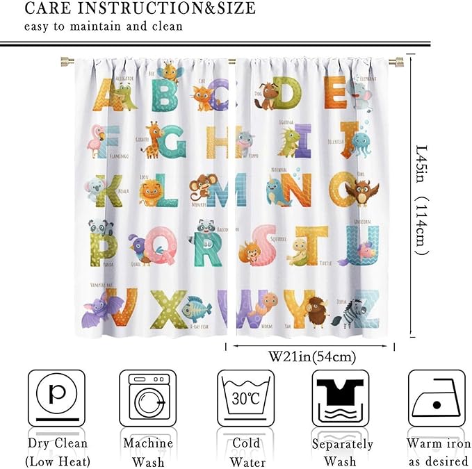 Kids Alphabet Curtains Educational Baby Cartoon Animals Colorful Cute Curtain with Rod Pocket for Nursery Living Room Home Decor Drapes Window Treatments 2 Panels Set 42x45 Inch