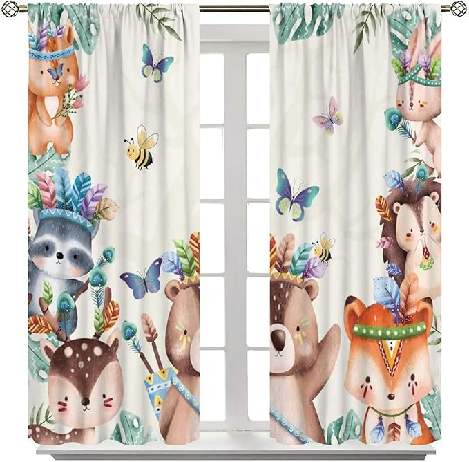 Jungle Safari Curtains, Cute Cartoon Forest Animals Pattern Blackout Window Treatments, Rod Pocket Thermal Insulated Drapes 2 Panel Sets for Children Boys Bedroom Nursery Classroom, 63" W X 72" L