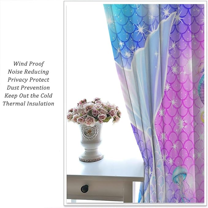 Kids Fantasy Mermaid Curtains Dream Colorful Mermaid Fish Tail Scale Fantasy Ocean Theme Window Treatment for Girls Bedroom Nursery Room Decor Window Drapes 55" W X 63" L