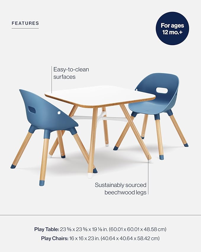 Lalo The Play Kit - Kids Table & Chairs Set with Sustainably Sourced Wood Table & 2 Non-Toxic Bucket Seat Chairs - Safe & Comfortable - Coconut/Blueberry