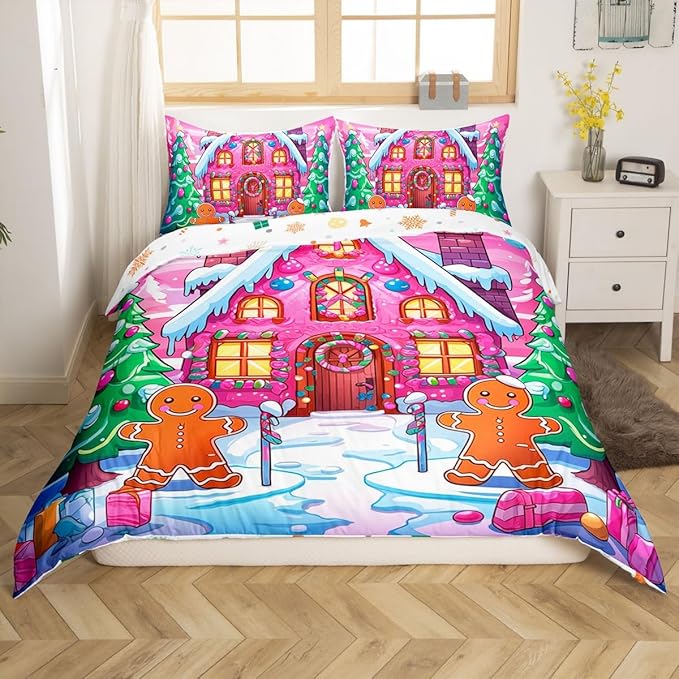 Feelyou Merry Christmas Comforter Cover Set Gingerbread Man Bedding Set Twin Size for Kids Boys Girls Bedroom Bed Decor Christmas Duvet Cover Set Soft Quilt Cover,No Comforter