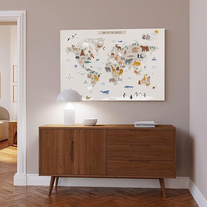 KIPNG Kids World Map - Playroom Animal World Map - Nursery Educational Poster Canvas Poster Bedroom Sports Landscape Office Room Gift Frame-style20x30inch(50x75cm)