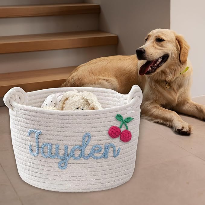 Personalized Dog Toy Basket Custom Rope Woven Box with Pet's Name Dog Storage Organizer with Handles Cute Toy Bin for Cat White