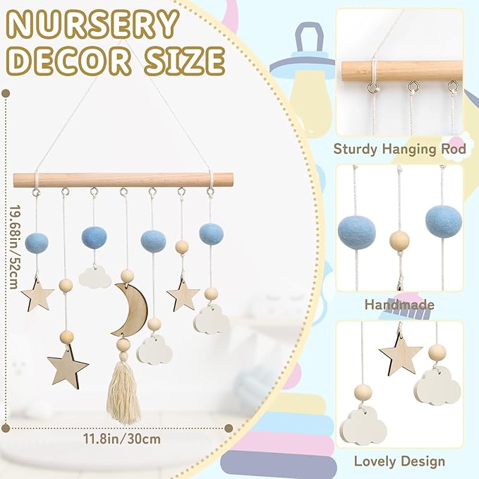 Boho Baby Nursery Decor - Handmade Wooden Moon and Star Wall Hanging Decor Boho Baby Mobile for Crib for Baby Nursery Bedroom - Felt Moon Stars Bed Hanger for Infant Newborn Boys Girls
