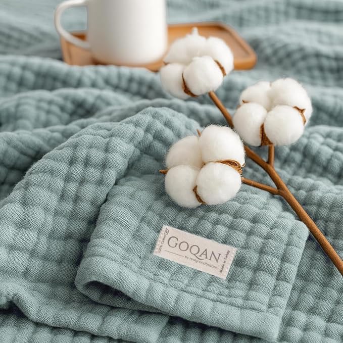 Goqan Muslin Blanket for Adults 79x90 Queen, 4 Layer Soft Lightweight%100 Cotton Muslin Blanket, Breathable for Bed, Couch - Sage Green