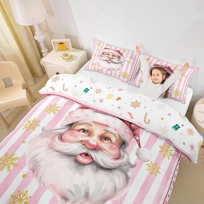 Manfei Cartoon Santa Claus Duvet Cover,New Yrar Decor Golden Snowflake Christmas Theme Bedding Set for Bedroom Decor,Girly Pink Geometric Stripes All Season Bedding (NO Comforter) Full Size