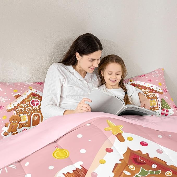 Feelyou Christmas Gingerbread Bedding Set Soft for Boys Girls,Gingerbread House Comforter Set Full Size Winter Holiday Decor Duvet Quilt Cute Snowflake Room Decor Pink Decor 3 Pcs with 2 Pillow Cases