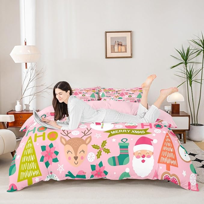Feelyou Kids Pink Merry Christmas Bedding Set Toddler Merry Christmas Tree and Snowman Duvet Cover for Bedroom Decor Xmas Comforter Cover Set Snowflake Holiday Bedspread Cover with 1 Pillow Case