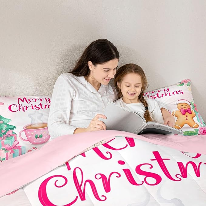 Feelyou Merry Christmas Bedding Set Soft for Boys Girls, Christmas Decor Comforter Set Twin Size Gingerbread Man Duvet Quilt Microfiber Xmas Bedroom Decor 2 Pcs with 1 Pillow Cases