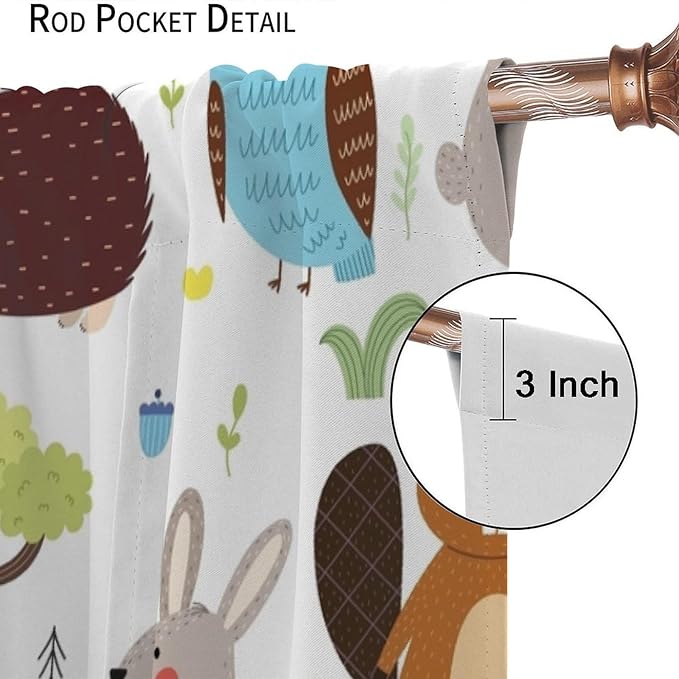 Forest Animals Kids Blackout Curtains Cartoon Cute Bear Deer Squirrel Owl Hedgehog Modern Art Print for Boys Girls Bedroom Living Room Nursery Rod Pocket Decoration Window Drapes 2 Panels W21xL54in