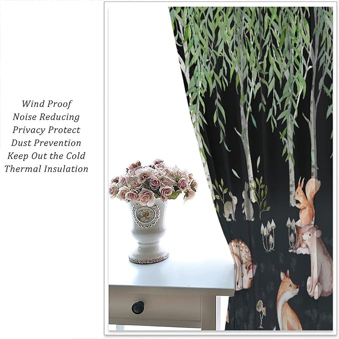 Forest Animal Curtains, Watercolor Cartoon Woodland Plants Animals Bears Moose Mushrooms Printed Curtains for Kids Boys and Girls Bedroom Window Drapes 55x63in