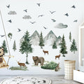 Woodland Nursery Wall Stickers Watercolor Mountain Tree Wall Decal Jungle Trees Animals Home Decals Sticker DIY Cartoon Deer Bear Wolf Forest Animal Home Sticker for Kids Room Bedroom Nursery Decor