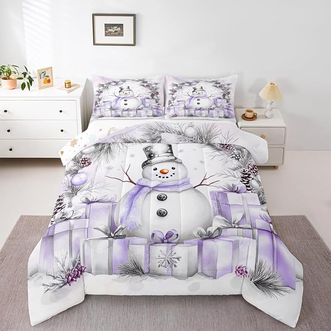 Feelyou Merry Christmas Bedding Set Soft for Boys Girls, Cute Snowman Comforter Set King Size Duvet Quilt Microfiber Snowflake Bedroom Decor 3 Pcs with 2 Pillow Cases