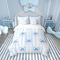 Manfei 7 Pieces Blue Bowknot Kids Girls Comforter Queen Size,Geometric Stripes Bow Tie Patch Dreamy Bedding Set,Butterfly Knot Princess Cute（Comforter+Fitted+Flat+2 Pillowcases+2 Throw Pillow Covers）