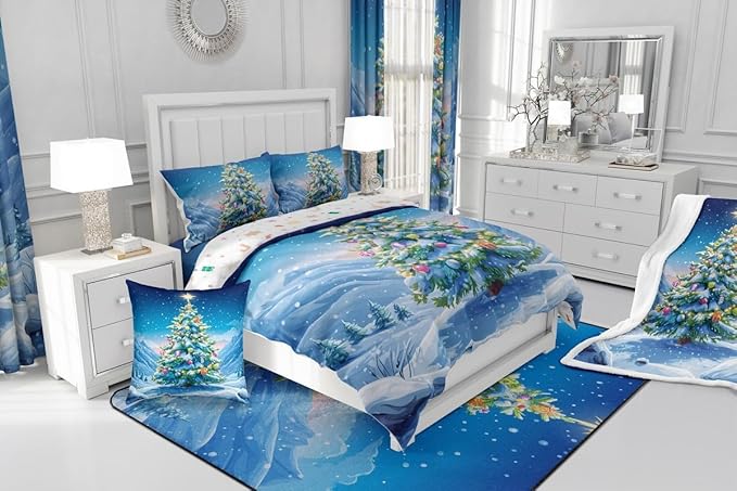 Feelyou Christmas Comforter Set Full Size Xmas Tree Bedding Set for Kids Boys Girls Winter Snowflake Duvet Quilt Christmas Tree Ornaments Bedroom Decor Microfiber 3 Pcs with 2 Pillow Cases