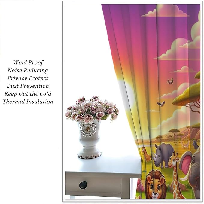 West Animal Curtains Kids Boys Girls Window Treatment Africa Cartoon Animals Lion Elephant Giraffe for Nursery Baby Bedroom Playroom Decor Window Drapes 42" W X 63" L