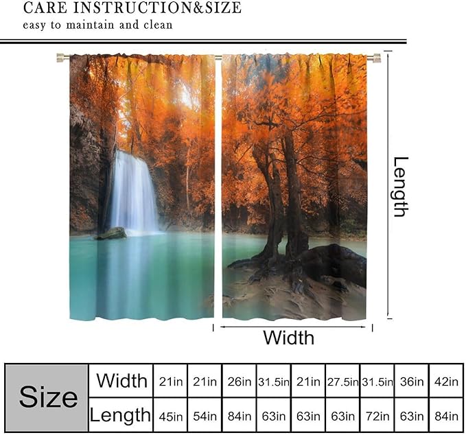 Forest Waterfall Blackout Curtains, Fall Leaves Trees Jungle Autumn Stream Country Nature Landscape Scenery Window Drapes, for Bedroom Living Room 52" W X 84" L